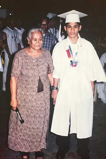 Lola Azon walks the young artist during high school graduation (left) and with mom Susan back in kindergarten.