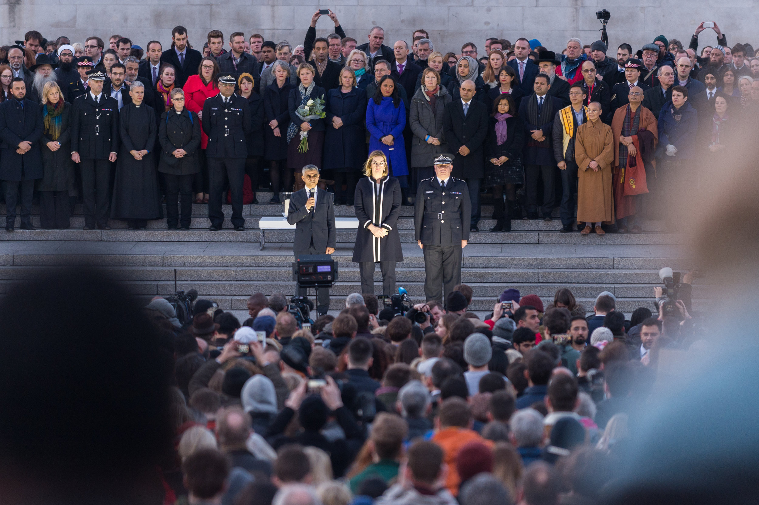  London Mayor Sadiq Khan stands with Home Secretary Amber Judd and acting Metropolitan Police commissioner, Craig McKay to light candles in remembrance of those affected by the attack.&nbsp; 