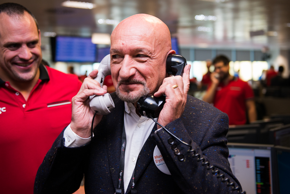 Sir Ben Kingsley on the trading floor at BGC for a celebrity charity fundraiser. 