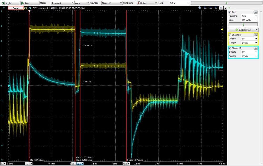  Individual full intensity LED pulses at 1MHz. 1.07ms/LED * 64 LEDs = 14.6fps. 