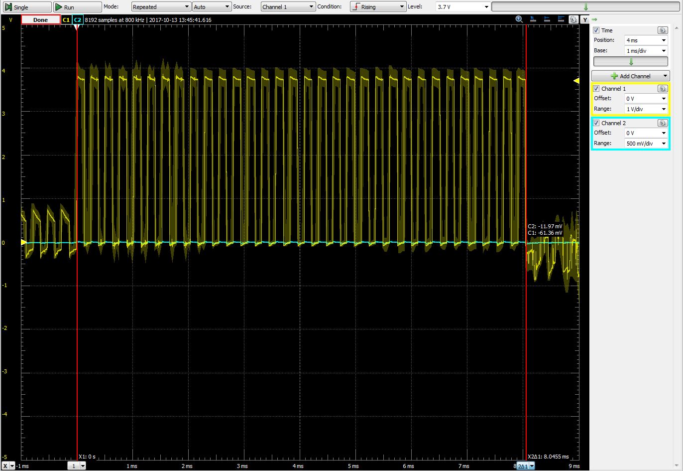  An LED on for whole 16-bit timer at 8MHz. 8.05ms for a 16-bit counter overflow. 