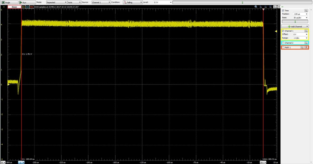  Single full intensity LED pulse at 8Mhz. 269.3μs/LED * 64 LEDs = 58.0fps. 