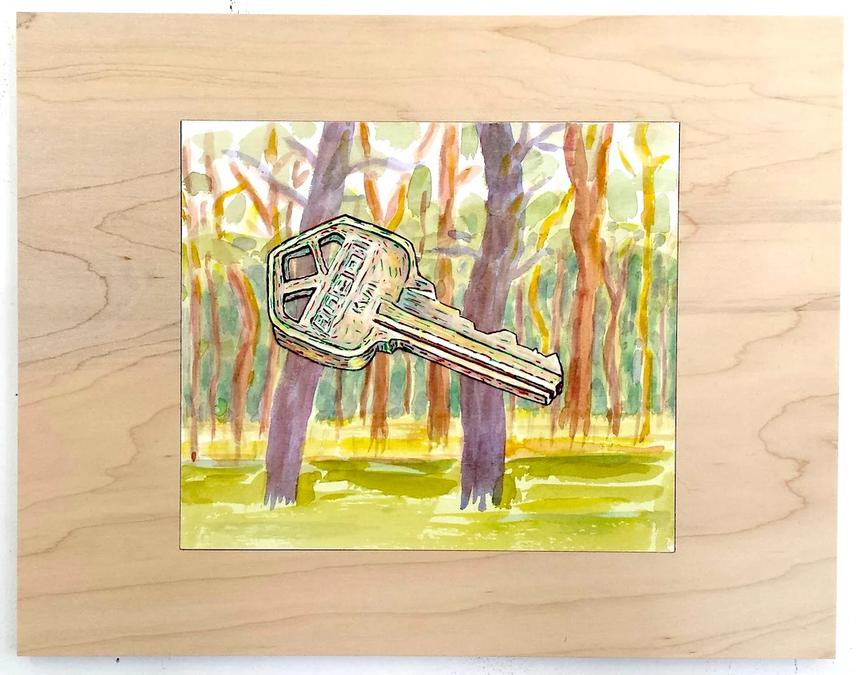 Useful Objects #11 (key) , watercolor/ink on wood panel, 2016
