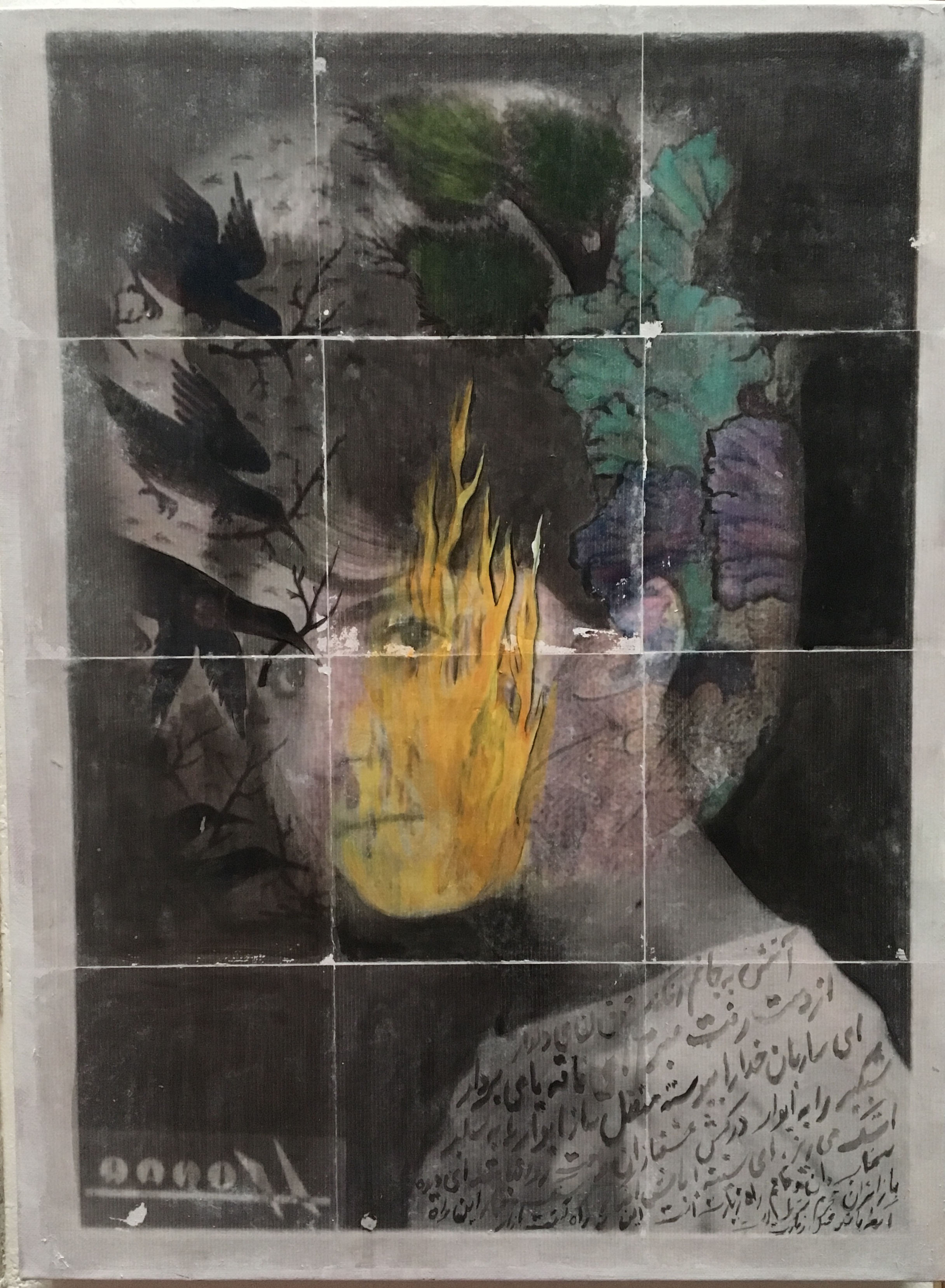Untitled, photo transfer and acrylic on canvas. Despite the meaning of this work which has nothing to do with #chaharshanbesoori but accidentally it coincides with the tradition tonight. Chahar Shanbe Suri is an Iranian festival celebrated on the eve of the last Wednesday before Nowruz (the Iranian New Year). On the eve of last Wednesday of the year, literally the eve of Red Wednesday or the eve of celebration, bonfires are lit in public places with the help of fire and light, it is hoped for enlightenment and happiness throughout the coming year. People leap over the flames, shouting: (Sorkhi-e to az man) Give me your beautiful red color (Zardi-e man az to) And take back my sickly pallor! #iranchambersociety @maliheh_zafarnezhad