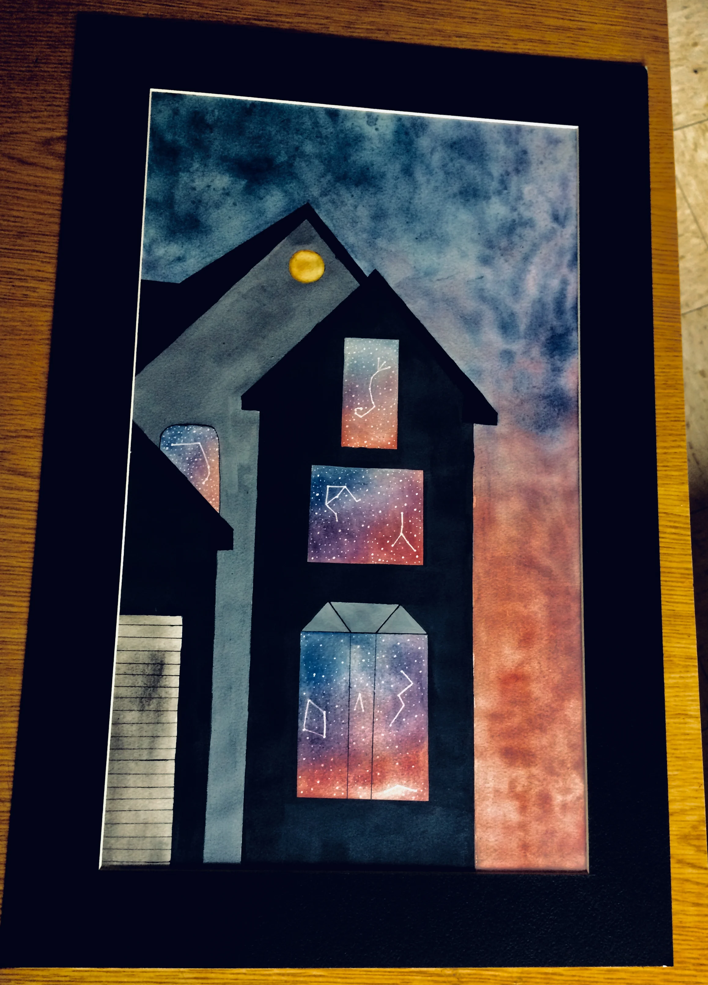 I enjoy incorporating the idea of space and time into my pieces and felt a galaxy theme in the windows of my house reflected that idea. It's really up to the viewer on how they interpret it in the end.