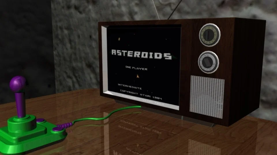 Still Life A digitally modeled television and Atari handset placed in a basement setting, using Maya modeling software.