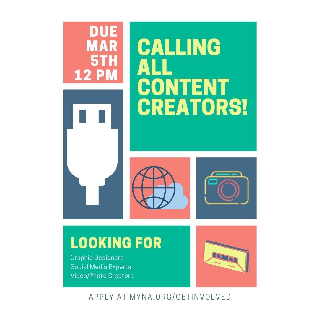 MYNA's Marketing Department is looking for all content creator legends! If you're interested in graphic design, social media, videography/photography, or just marketing in general, apply today! Apply at www.myna.org/getinvolved⁠
⁠
#muslim #muslimyout