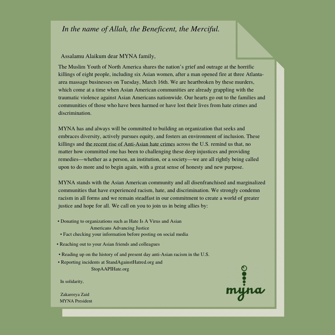 MYNA stands with the Asian American community and all disenfranchised and marginalized communities that have experienced racism, hate, and discrimination. We strongly condemn racism in all forms and we remain steadfast in our commitment to create a w