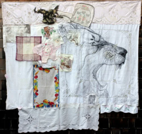 Image: Ear of the Horse. 2014. Ink, pencil, acrylic paint, embroidery, and safety pins on cloth, quilted with assorted batting. 78 x 80”