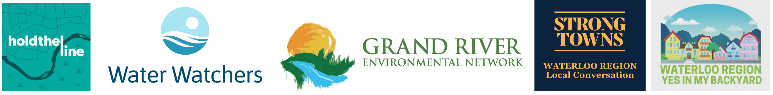 Logos of Hold The Line WR, Water Watchers, Grand River Environmental Network, Strong Towns, and WR Yes In My Backyard