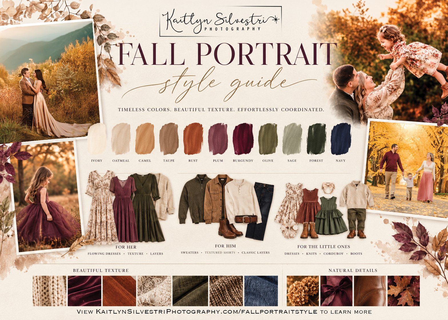 Fall family photo outfit guide with coordinated earth tones, neutral colors, dresses, sweaters, layers and textures for Lexington, Kentucky family portraits.