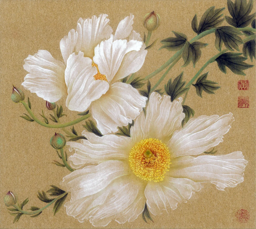 Matilija Poppies No. 2, 2008; ink and color on gold Japanese boa rd, W: 10.5" H: 9.5"