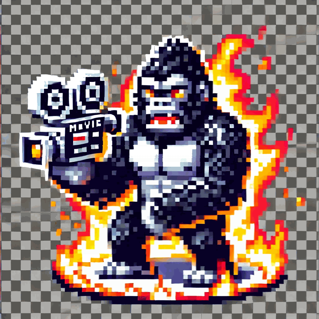 Pixel art of a gorilla holding a movie camera, surrounded by flames.
