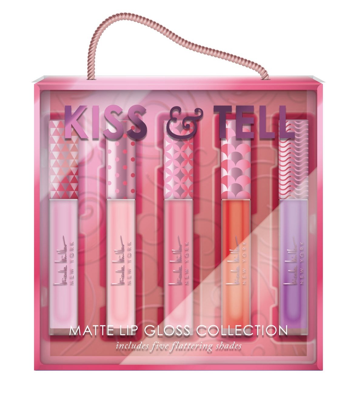 A set of lip glosses sitting in a blow mold and rigid outer box 