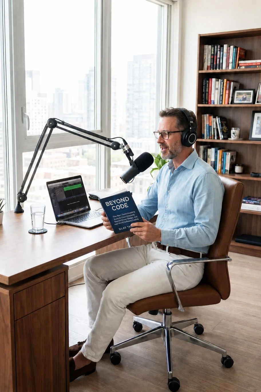 An author sitting at a premium wooden desk with professional audio equipment and headphones, holding the non-fiction business book Beyond Code during a live podcast interview recording.