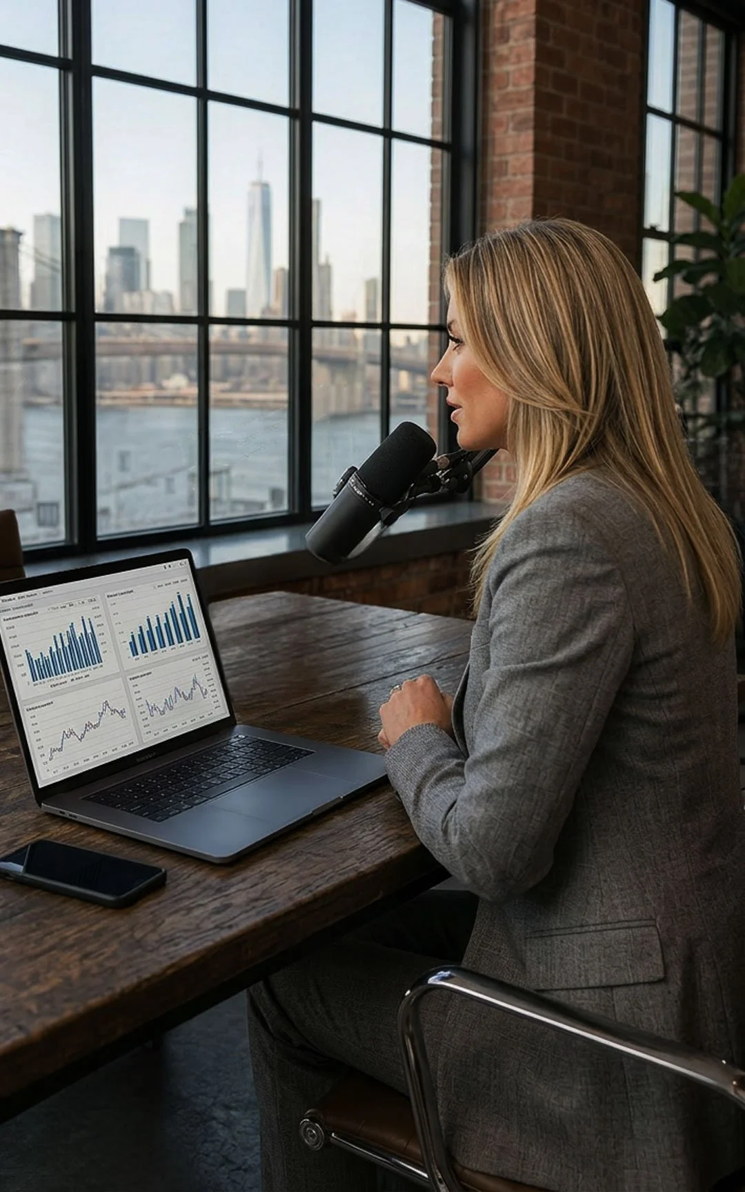 A professional female executive in a grey blazer speaking into a podcast microphone in an industrial office overlooking the New York City skyline, with financial charts open on her laptop.