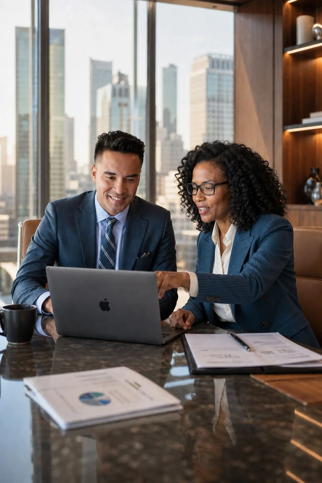 Two sophisticated passive LP investors reviewing a real estate syndication deal pipeline on a laptop in a high-end corporate boardroom.