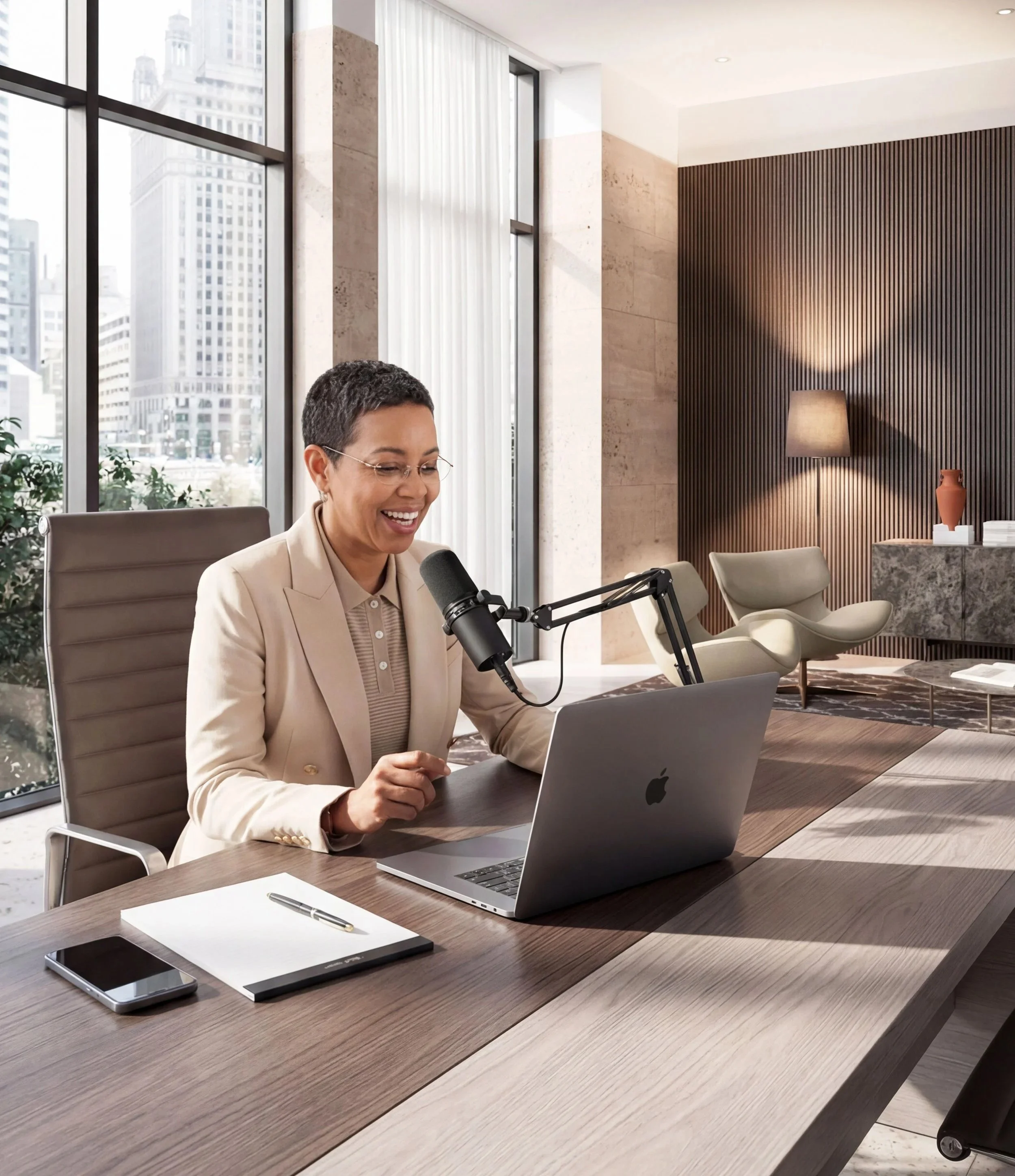 B2B consultant using a microphone and laptop to execute a podcast content repurposing checklist.