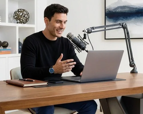 A professional business expert guesting on a podcast to build brand authority and earn SEO backlinks.