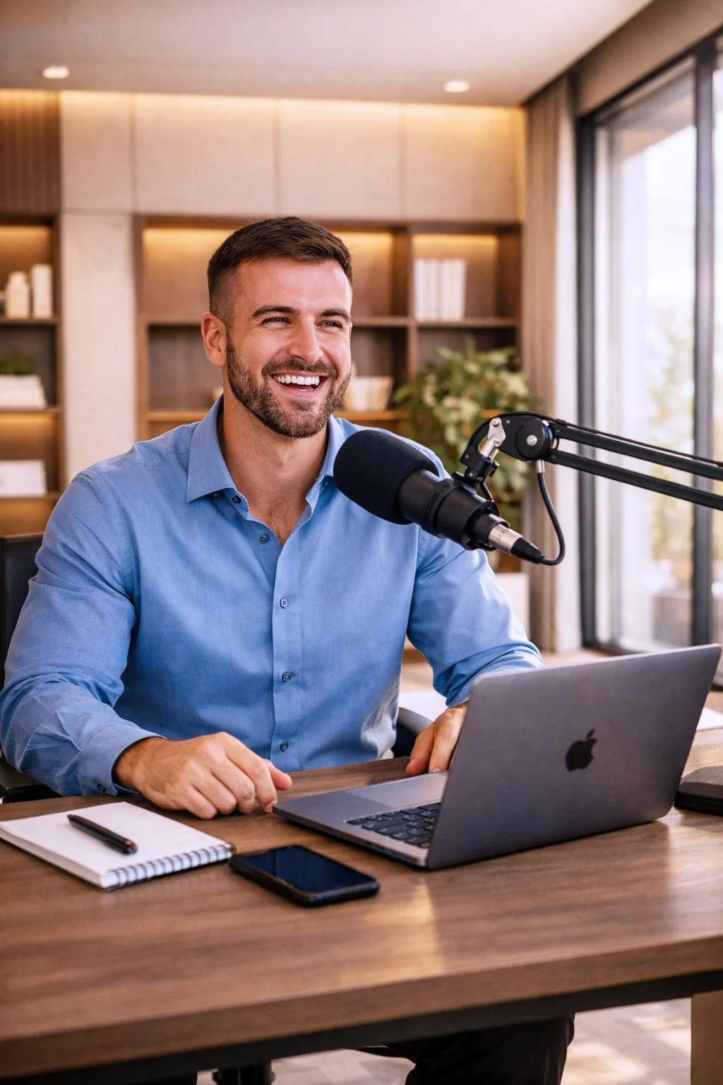 A smiling Canadian corporate leader or author conducting a high-authority earned media interview using a laptop and professional podcast microphone.
