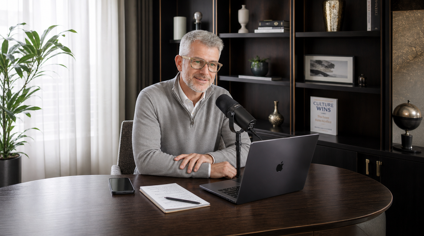 A professional businessman recording a podcast interview in his home office with his business book on the desk, demonstrating podcast guesting monetization strategies for authors and consultants.