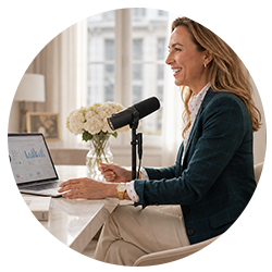 A professional business woman recording a podcast in her home office, illustrating the human-led podcast guest placement and audience acquisition strategies provided by The Expert Bookers.