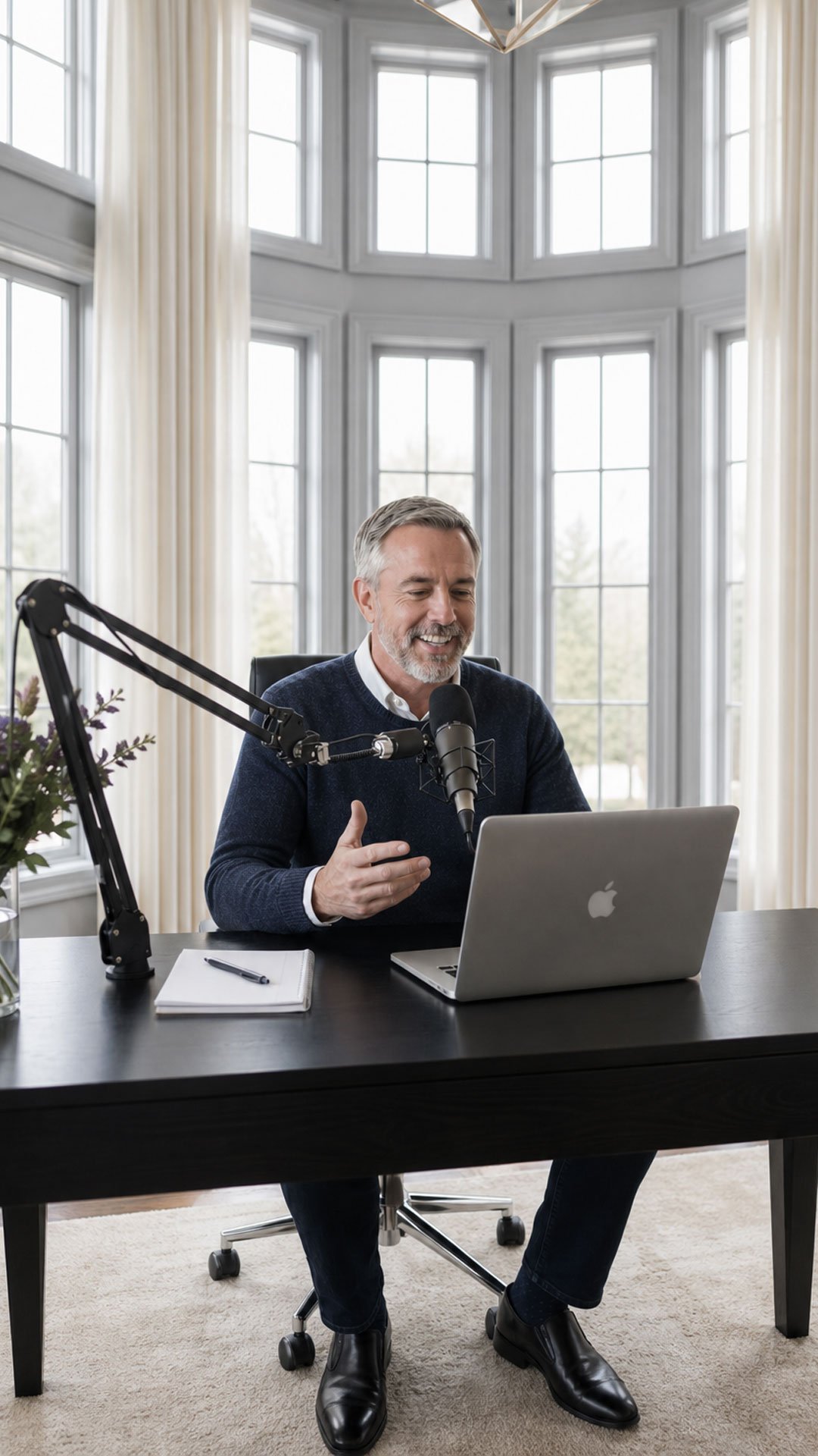 A smiling, professional executive with grey hair sitting at a dark wood desk, speaking into a podcast microphone during a venture capital interview in a brightly lit office with large bay windows.