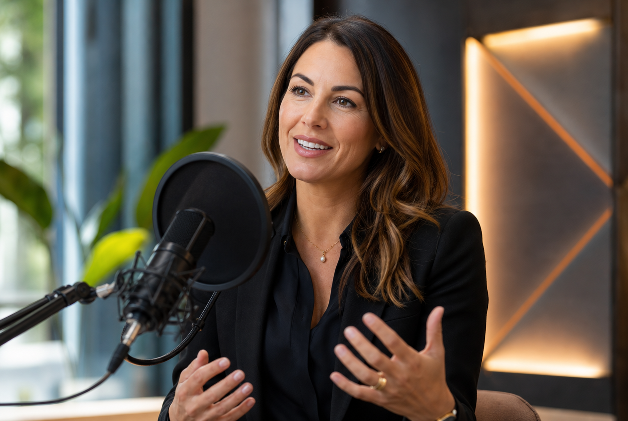 A corporate executive sitting on a modern studio set smiling and confidently speaking into a premium broadcast microphone during a high-value B2B podcast interview.