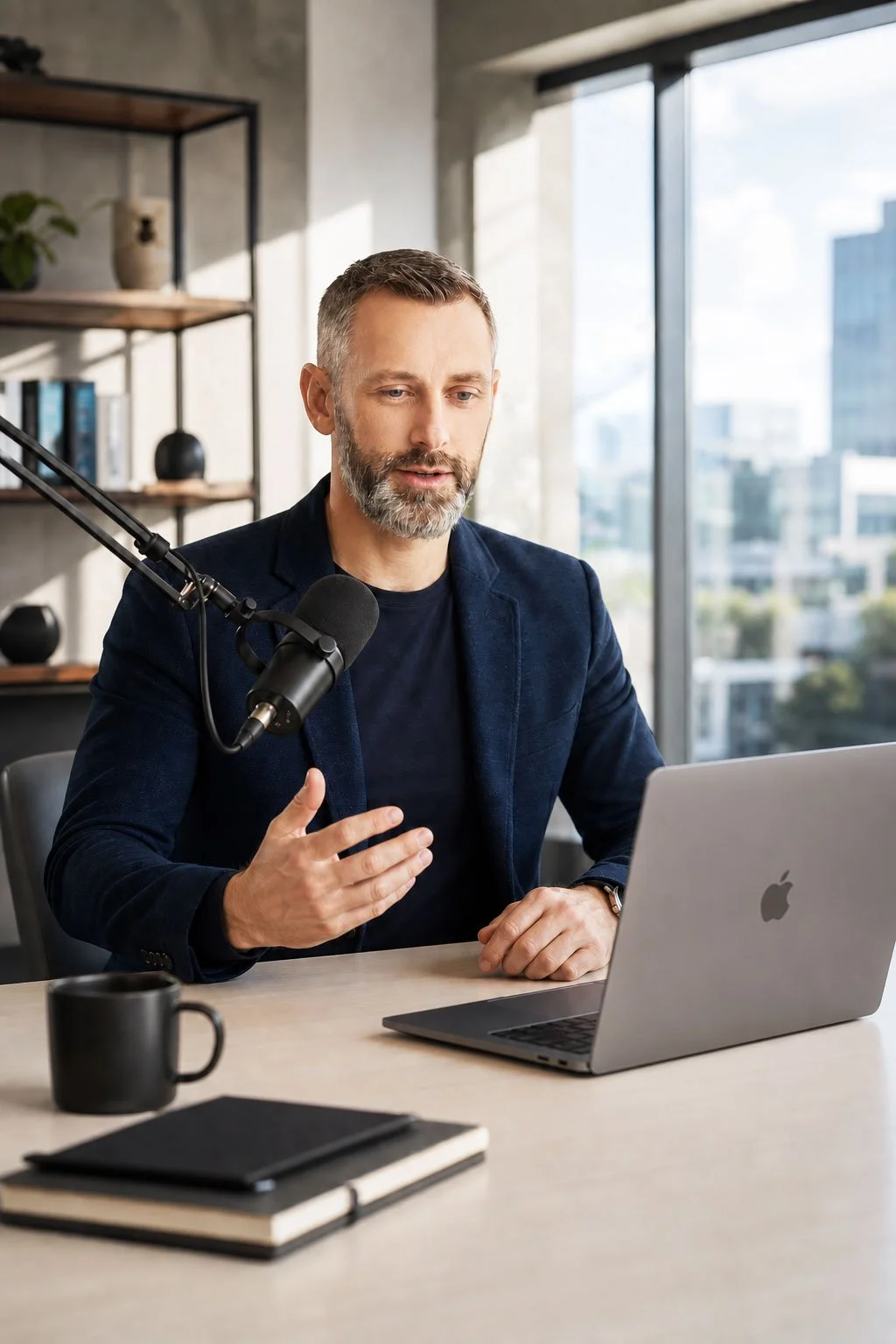 SaaS founder recording a remote interview with a high-end microphone setup from a corporate office.