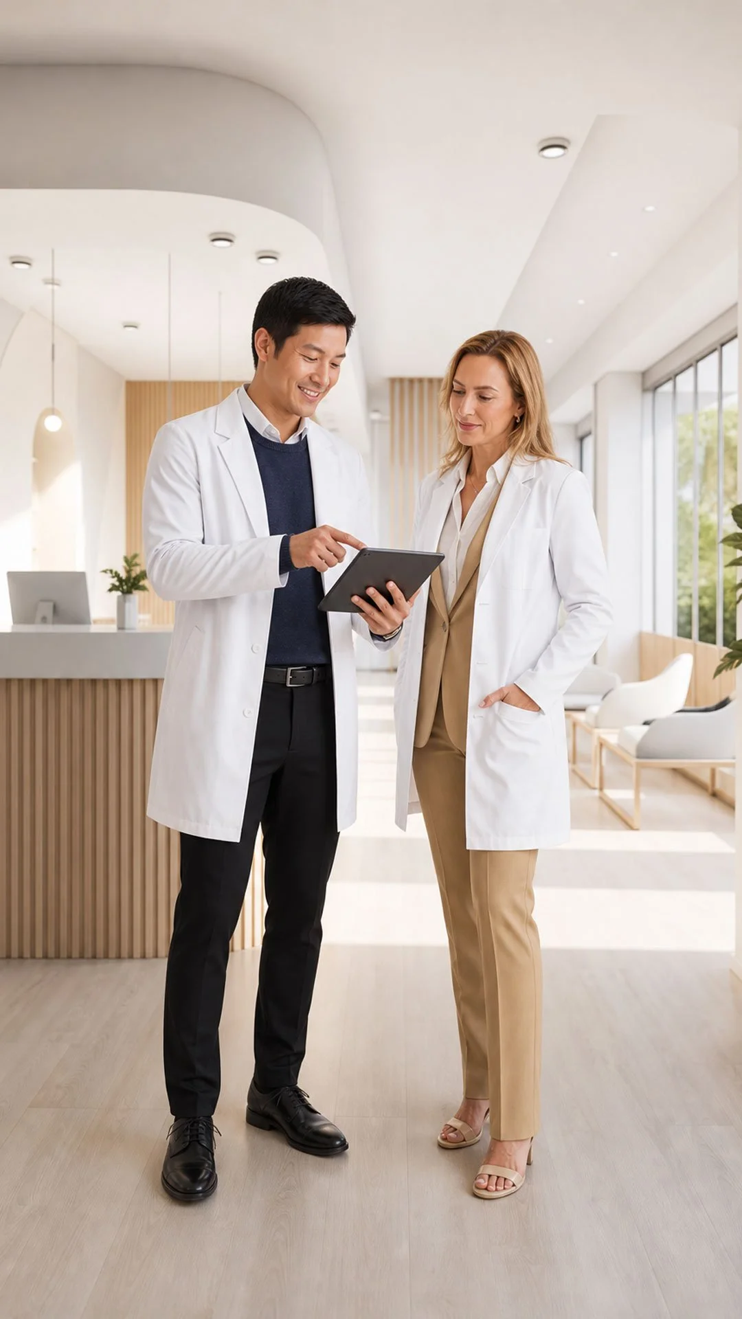 A functional medicine doctor demonstrating patient health metrics and digital clinic scaling charts on a tablet in a bright office.