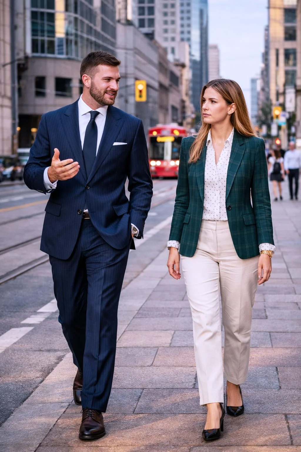 Two professional Canadian corporate leaders walking down a Toronto city street, discussing executive PR strategy and high-authority podcast media tours.