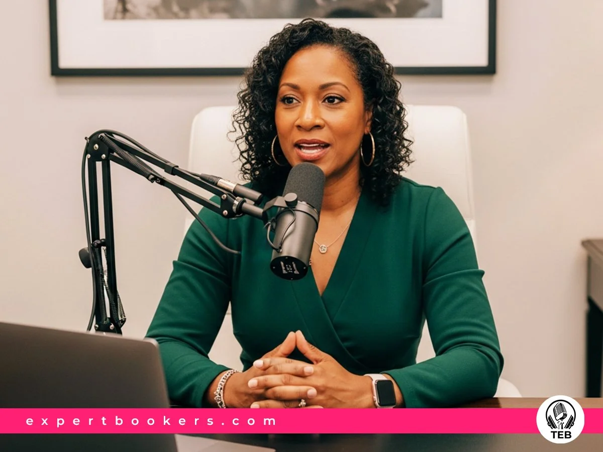 Business woman using Podcast guest appearances for content promotion