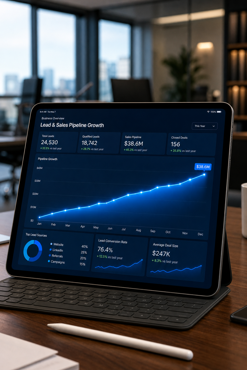 A modern executive desk showing an upward trending business revenue pipeline from a strategic podcast guesting tour, created by The Expert Bookers.