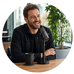 A professional business podcast guest speaking naturally into a studio microphone during an interview secured by a podcast booking agency.