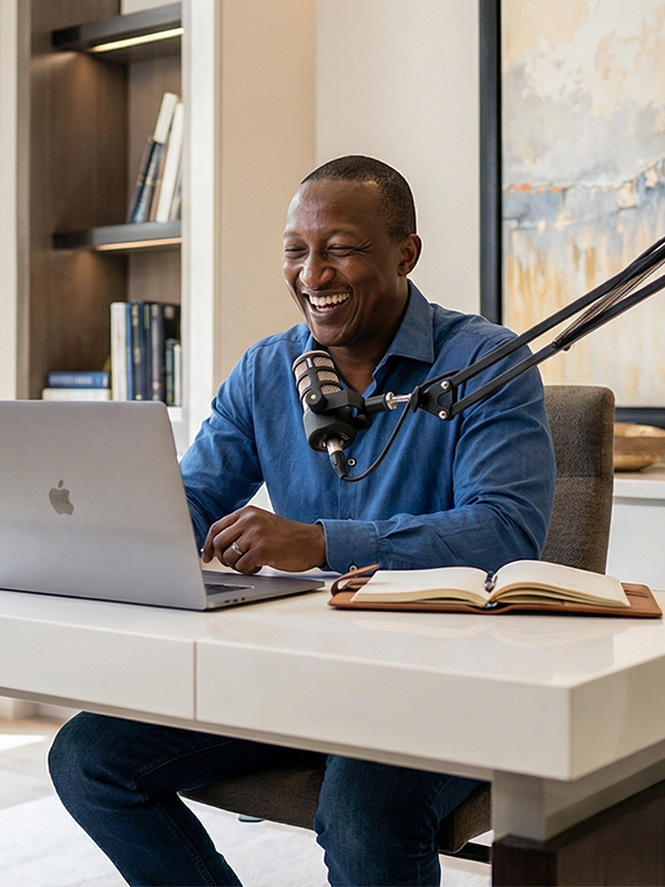 A professional executive recording a high-impact podcast interview with a premium studio microphone, showcasing authority building solutions from The Expert Bookers.