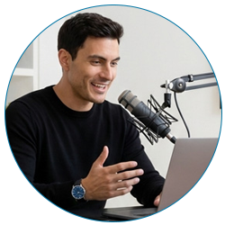 An entrepreneur recording a high-impact podcast interview with a professional microphone, showcasing authority building and brand visibility solutions from The Expert Bookers.