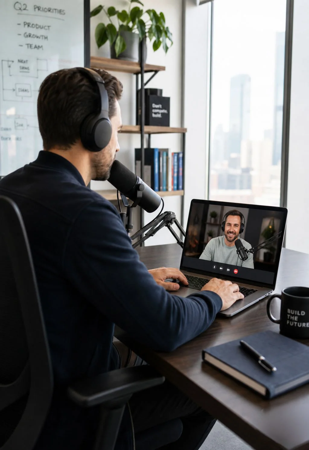 B2B SaaS founder recording a high-authority business podcast interview from a modern corporate office desk.
