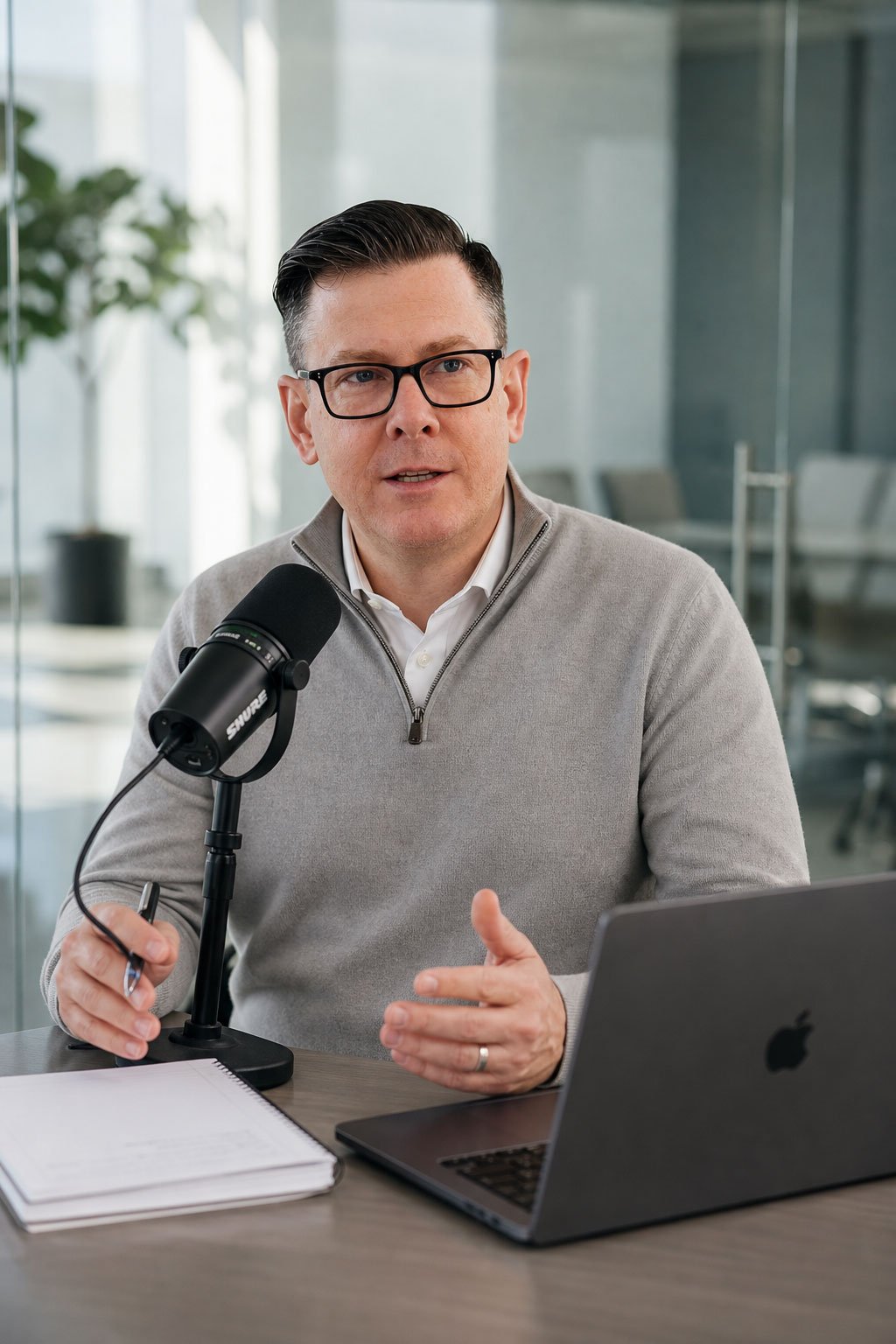 n authoritative corporate business consultant with glasses recording a podcast interview using a Shure microphone and a laptop in a modern corporate office boardroom.