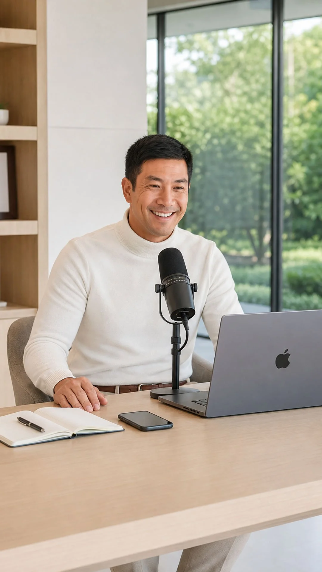 A professional health tech CEO speaking confidently into a broadcast microphone during a healthcare thought leadership podcast interview.