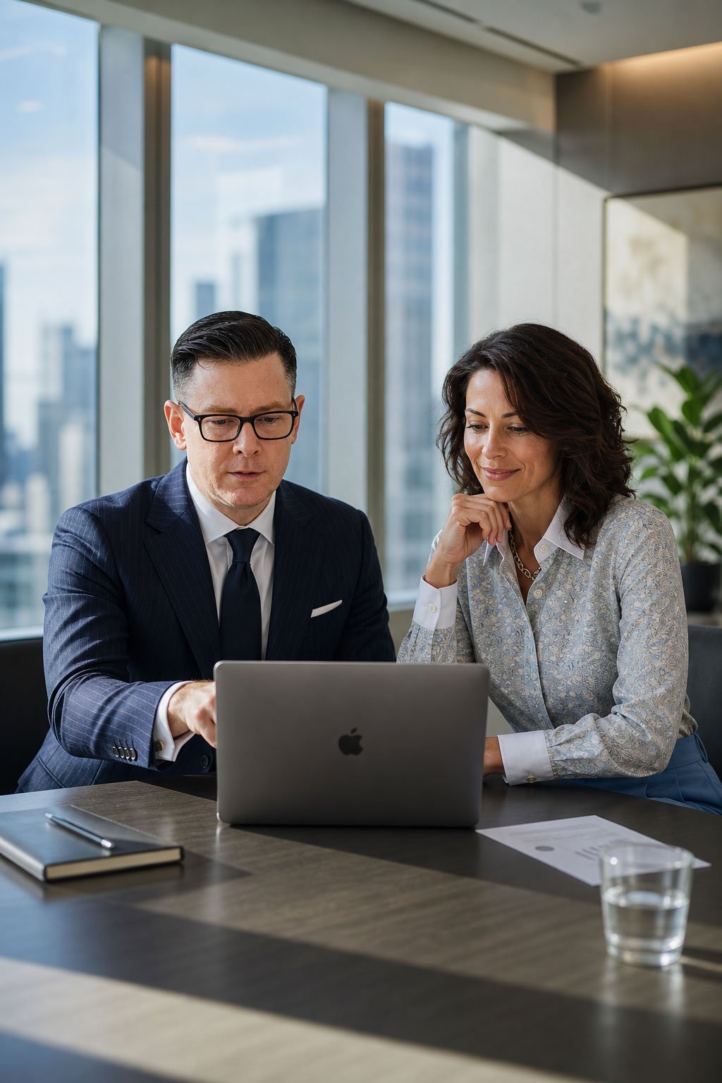An executive corporate coach in a suit and a business partner reviewing a high-ticket client acquisition roadmap on a laptop inside a modern office boardroom.
