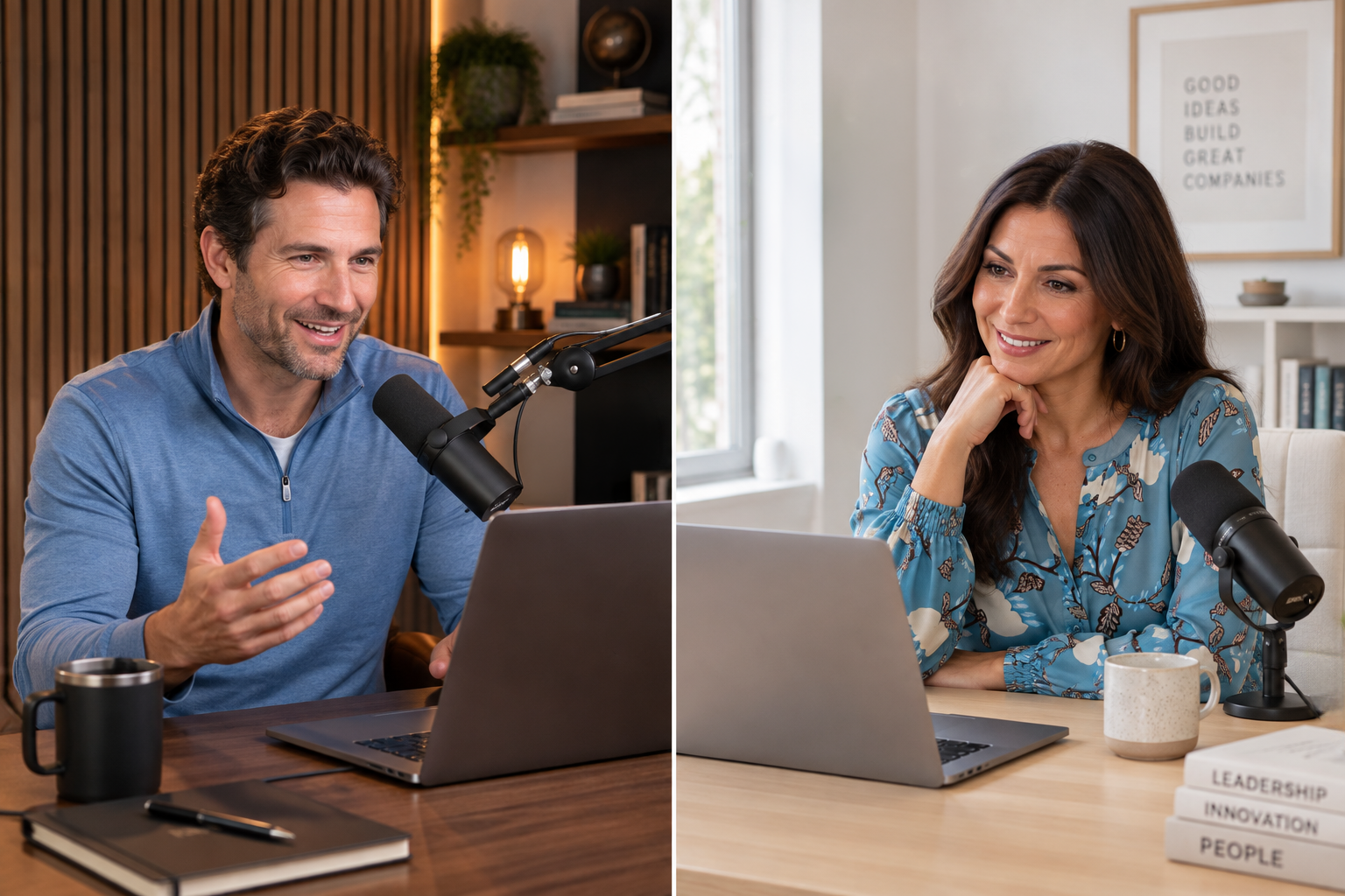 A high-end editorial split-screen photograph showing a remote podcast interview between a professional B2B host in a studio and an entrepreneur in a bright, modern home office using a MacBook Pro and a professional microphone.