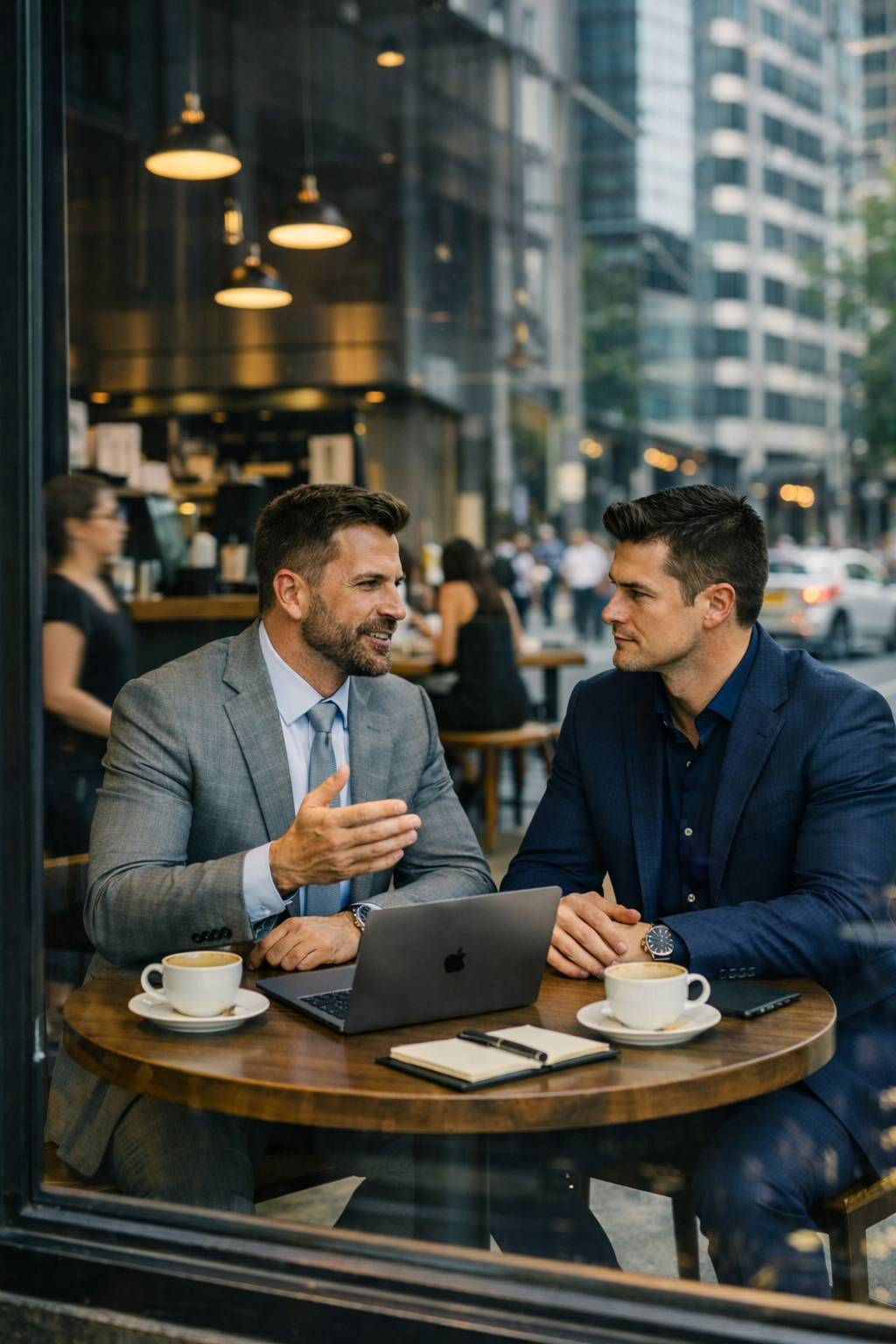 Australian corporate leaders discussing business growth and podcast tour ROI outside a modern commercial building in Sydney.