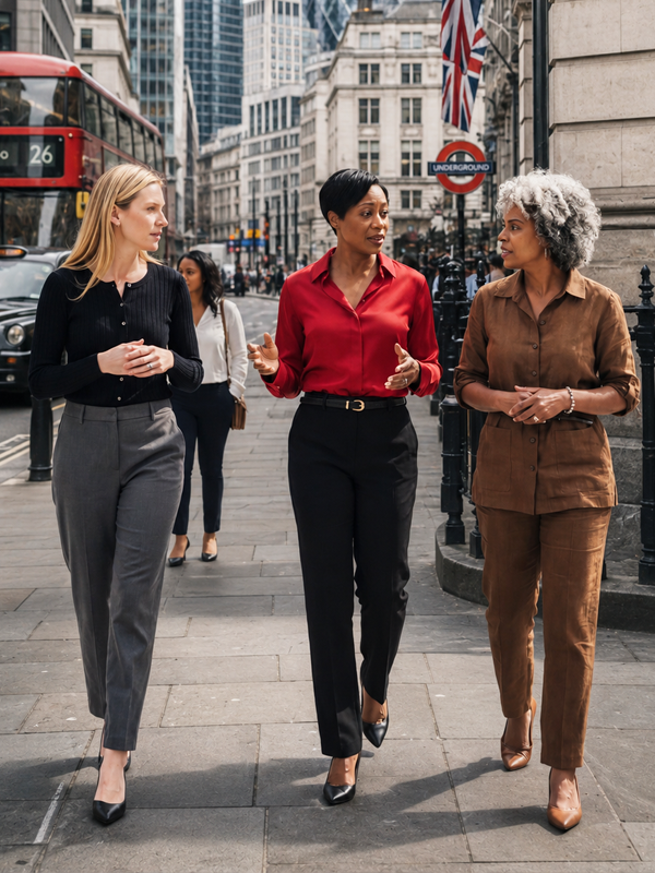 UK business leaders discussing corporate deal closure on a city street in London, with a traditional red double-decker bus in the background.