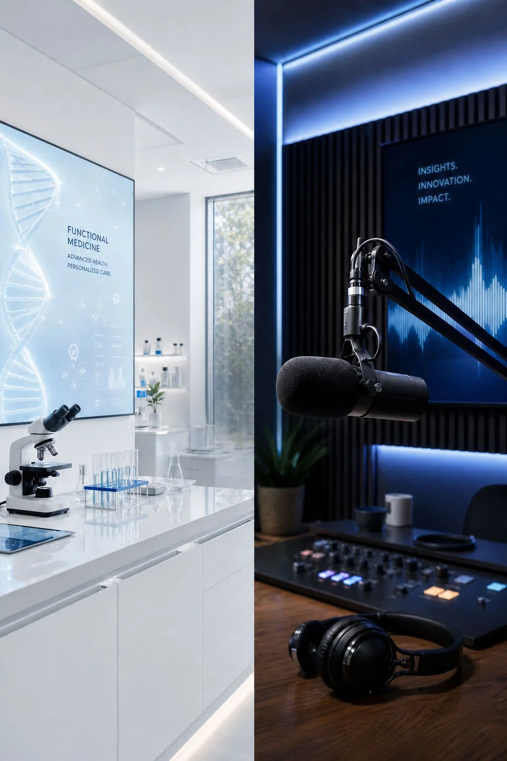 A premium split graphic showing a white functional medicine research lab with a microscope on the left, and a dark charcoal podcast recording studio with a broadcast microphone and audio mixer on the right.