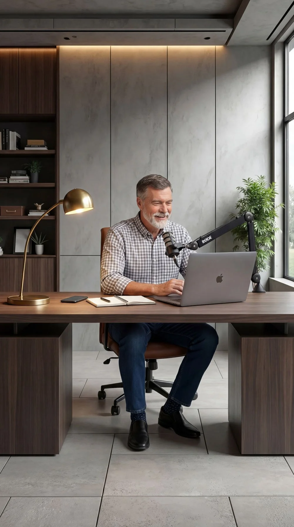 An experienced corporate business consultant sitting at a modern wooden executive desk, recording a podcast interview with a professional microphone boom arm and laptop.