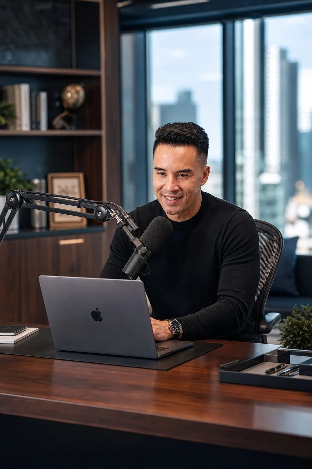 A professional real estate fund manager speaking confidently into a broadcast microphone during a strategic podcast guest interview.