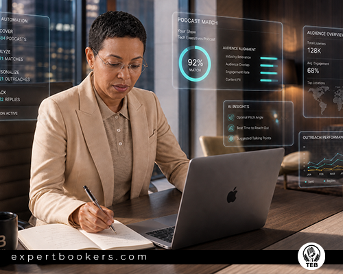 A female entrepreneur using AI tools and digital dashboards to analyze podcast match metrics while researching interview spots, illustrating the data vs. human booking approach of Expert Bookers.