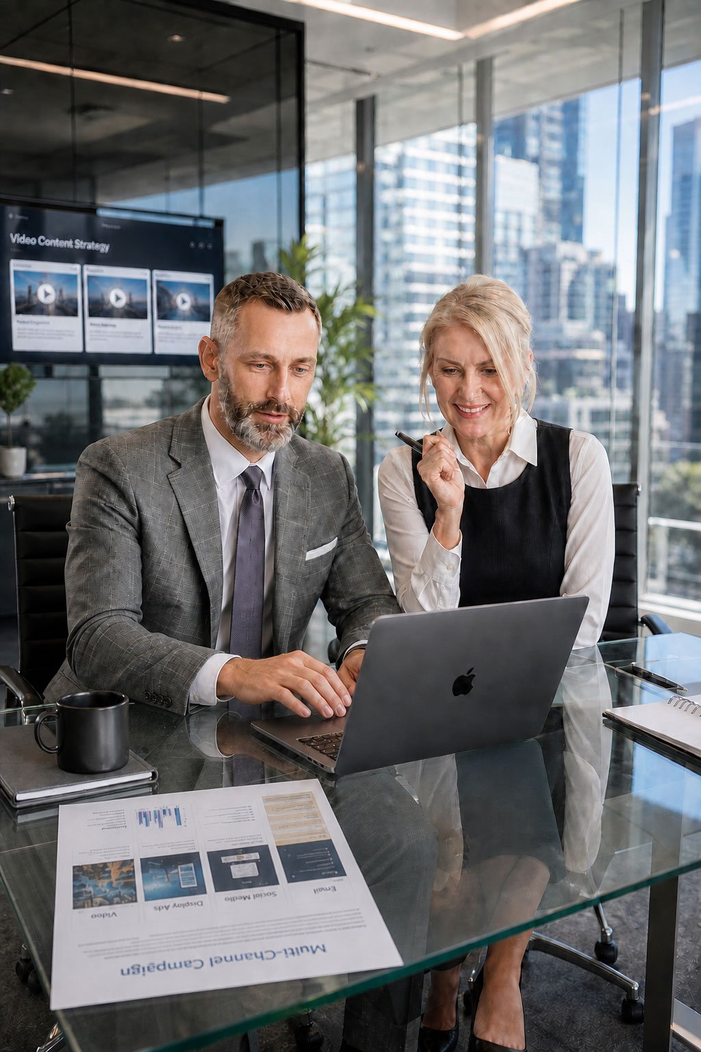 Tech executives collaborating in a modern conference room on content marketing syndication strategy.
