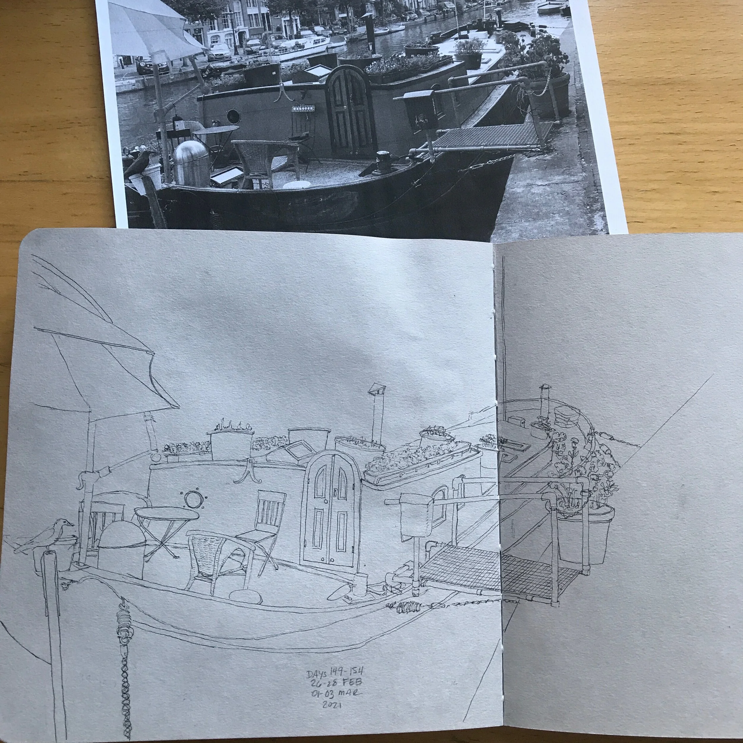 Drawing Amsterdam Dailies, Day 154. Today was all about getting in the remaining shape of the houseboat and then it was drawing the clutter of stuff on the deck showing it was a place lived in and used. I like the carved bird they also had as one of…