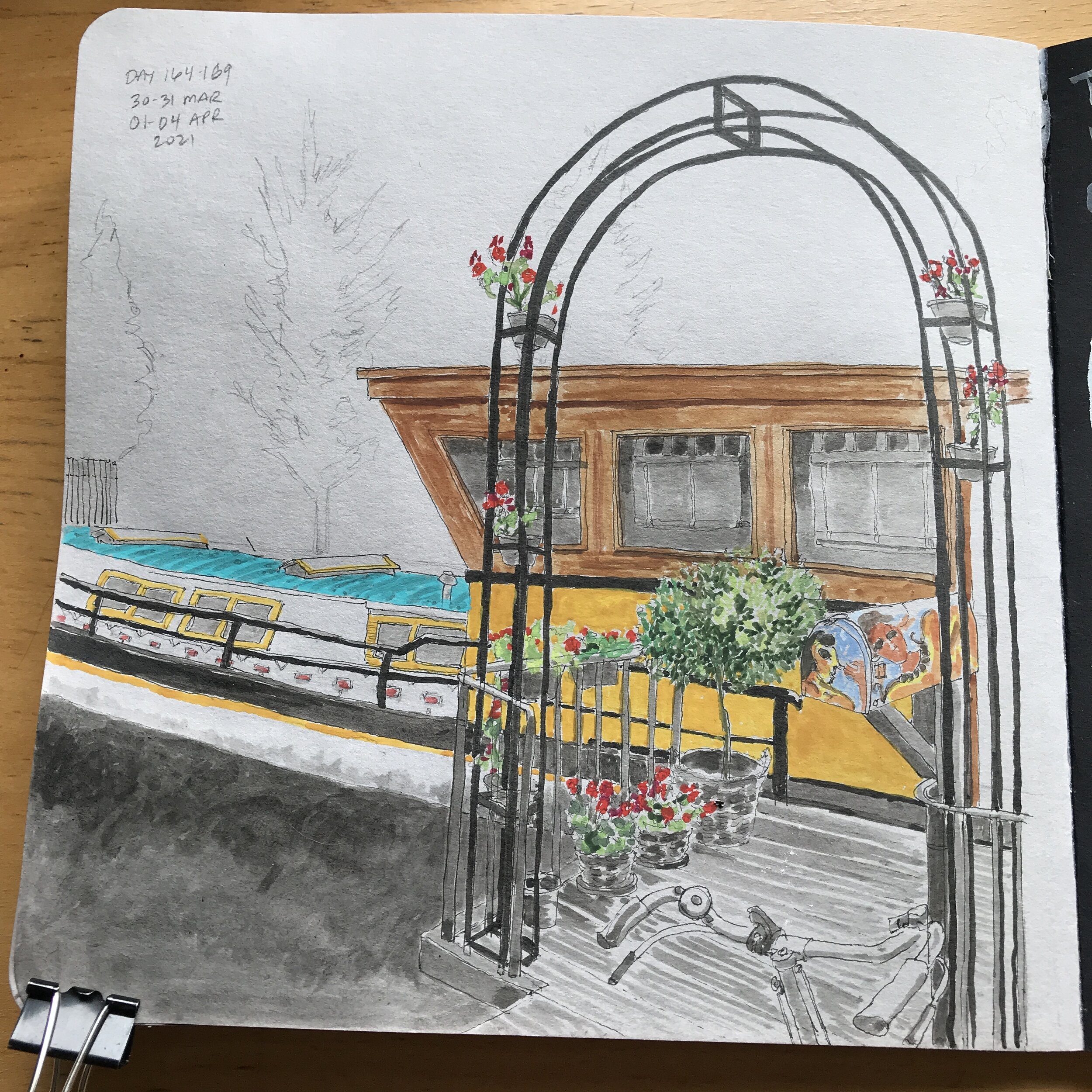 Drawing Amsterdam Dailies, Day 169. I like the idea of this drawing better than the execution. There are things I like about it as well as things which I don’t. I’m calling the boat done though. I may add trees on the other side of the canal tomorro…